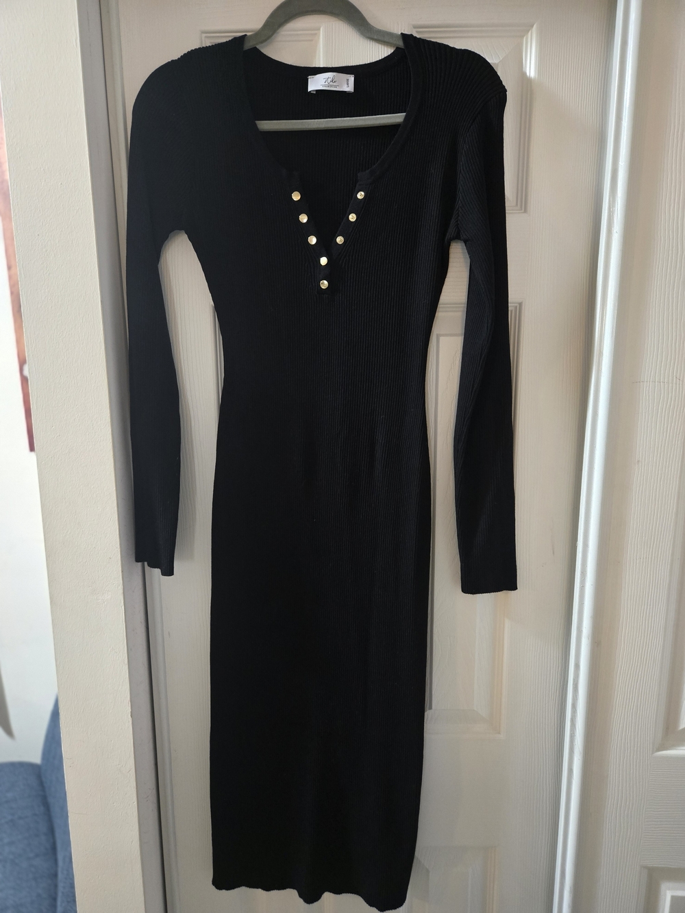 Black Ribbed Long-Sleeve Midi Dress with Gold Stud Accents